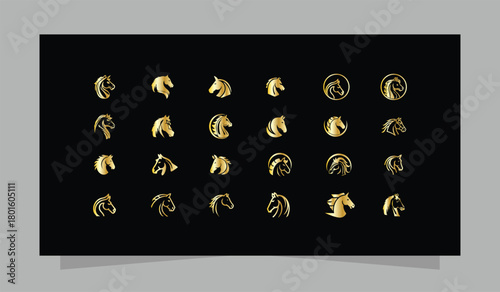 Collection of Luxury Golden horse head Logos and Icons silhouettes in various styles vector design