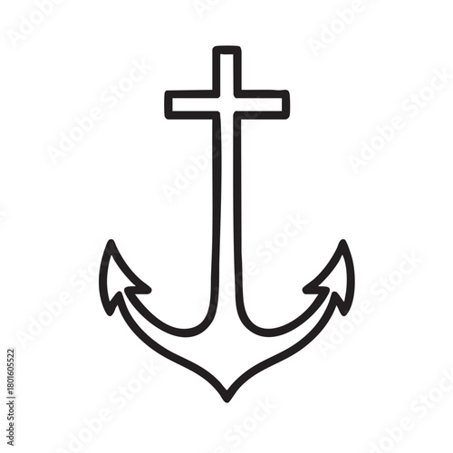 a simple black and white line drawing depicts a christian anchor symbol with curved flukes