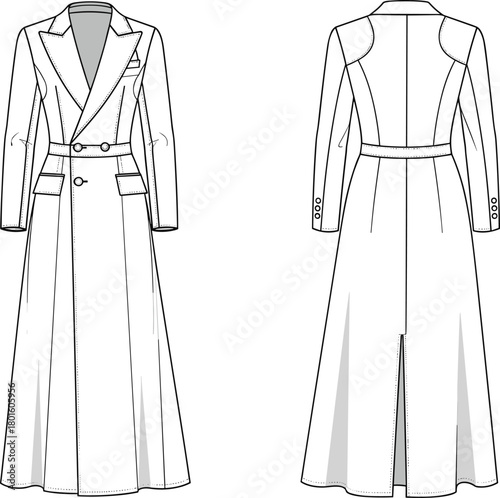 Technical fashion illustration, long tailored coat, front and back view, double-breasted design, notched lapel, elegant silhouette, garment construction, pattern making