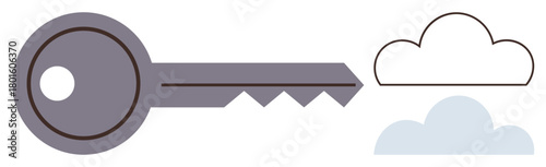 Large key pointing toward two abstract clouds symbolizing data security, access, and digital storage. Ideal for cybersecurity, online privacy, cloud storage, digital solutions, technology, access