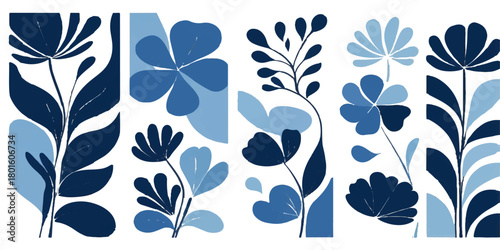 Vintage vector seamless floral pattern with blue flowers, leaf, and butterfly illustration