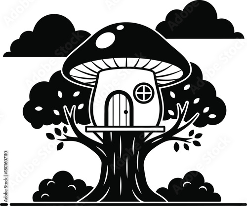 Mushroom house vector graphic fantasy treehouse black and white editable vector
