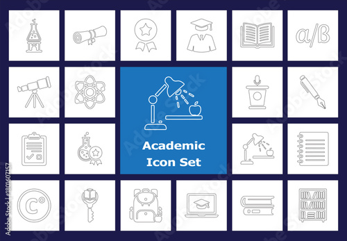Line Icons: School, Education, Study, College, Outline Icons of Graduation Cap, Books, Telescope, Lab Equipment, Writing Tools, Degree.