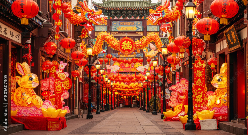 Naklejka premium Chinese street decorated with red lanterns and a gold dragon. Lunar New Year celebration in Asia. Traditional festival decor background.