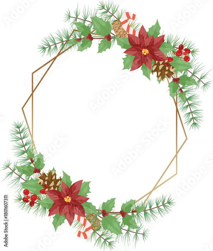 Christmas Greeting Frame with Red Poinsettia Flowers, Holly, and Festive Decorations