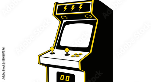 Retro arcade game machine ready for play in vibrant yellow outline