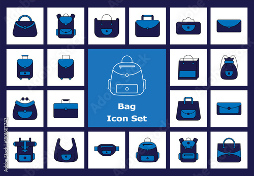 Flat Color Icons: Various Bags, Travel Luggage, Backpacks, Totes, Wallets, Clutches, Shoulder Bags, Briefcases, Shopping Bags, Fanny Packs.
