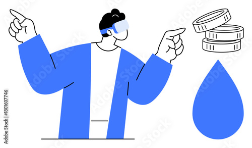 Individual wearing VR headset pointing to stacked coins and a water droplet. Ideal for technology, finance, virtual reality, economy, innovation, sustainability, creative thinking concepts. Simple