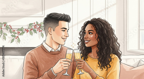 Young interracial couple toasting champagne glasses while smiling lovingly in a cozy kitchen with holiday decorations, expressing romance.