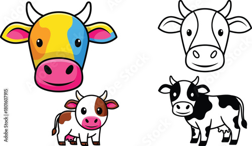 Cartoon cow vector illustration set farm animal graphic design editable vector
