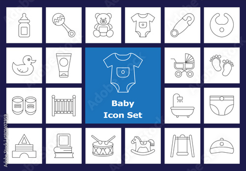 Line Icons: Infant & Baby Products, Outline Icons of Bottle, Rattle, Crib, Stroller, Baby Clothes, Diapers, Rubber Duck, Safety Pin.