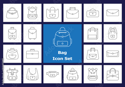 Line Icons: Handbags, Luggage, Accessories, Outline Icons of Backpack, Suitcase, Tote Bag, Briefcase, Wallet, Satchel, Travel Bag.