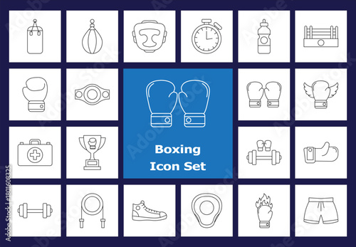 Line Icons: Sports, Training, Martial Arts, Outline Icons of Boxing Gloves, Punching Bag, Ring, Dumbbells, Jump Rope, Head Guard, Trophy.