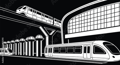 Modern train station illustration with monorail and subway art editable vector