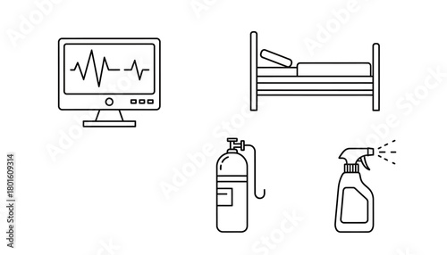Vector icon collection for hospital and clinical environments, showcasing patient care, medical monitoring, safety, and sanitation equipment