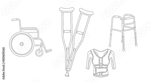 A collection of line art illustrations showing medical mobility aids and orthopedic support equipment for rehabilitation, including a wheelchair, crutches, a walker, and a back brace