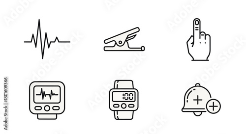 Collection of sleek outline icons depicting medical monitoring equipment, fitness trackers, and digital notification alerts, suitable for various graphic design applications