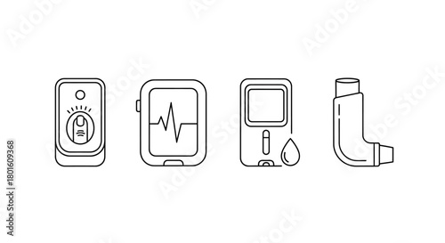 Medical and healthcare line icon collection featuring portable diagnostic tools for asthma, diabetes, and heart conditions on a white background
