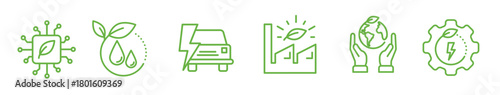 “Minimal green technology line icons representing renewable energy and eco solutions.”