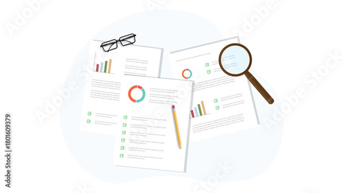 Business Documents with Charts, Magnifying Glass and Pencil Illustration