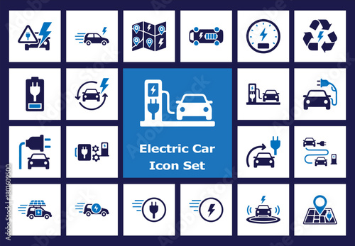 Flat Color Icons: Electric Car, EV Charging Station, Eco-Friendly Transportation, Battery, Renewable Energy, Green Technology, Plug-in Vehicle.