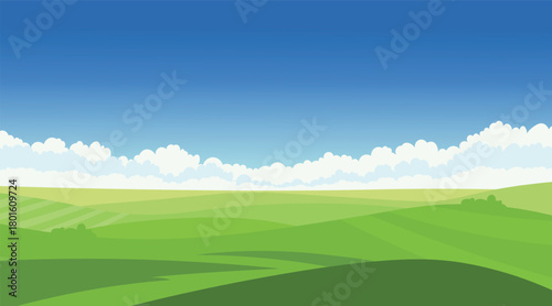 Green Hills Landscape with Blue Sky and Clouds Illustration