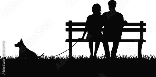 Couple with dog on bench, silhouette vector, peaceful park scene, love moment, pet companion, outdoor, black icon, sitting, grass