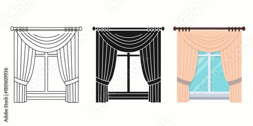 Window Vector Set in Three Styles — Line Art, Silhouette and Color Version with elegant curtains drawing vector illustration perfect for interior design and home decor resources