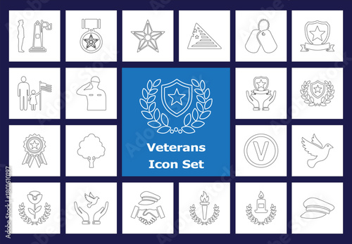 Line Icons: Military, Service Members, Remembrance, Outline Icons of Dog Tags, Medal, Salute, Wreath, Memorial, Flag, Respect.