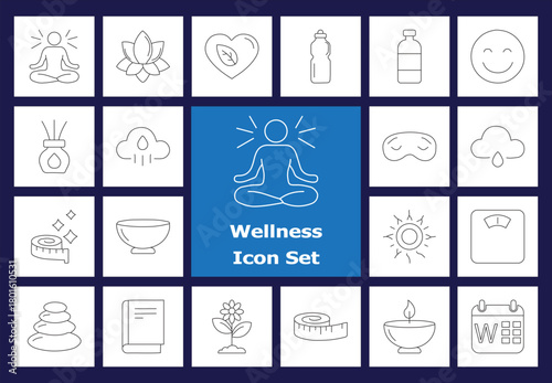 Line Icons: Health, Mindful Living, Outline Icons of Yoga Pose, Meditation, Relaxation, Balanced Diet, Measuring Tape, Fitness, Happy Face.
