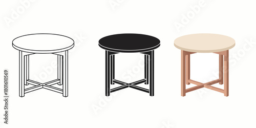 Simple Round Table Vector Set in Three Styles — Line Art, Silhouette and Color Version  Perfect for Interior Design Projects and Furniture Catalogs
