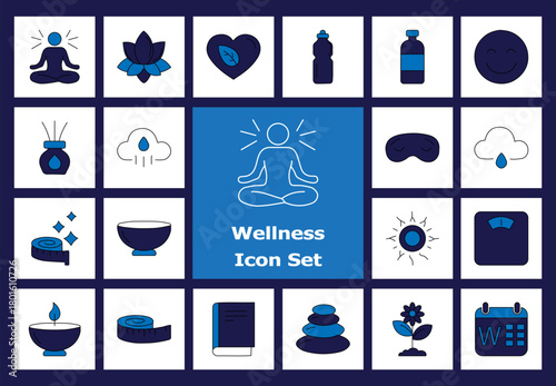 Flat Color Icons: Wellness, Health, Self-Care, Yoga, Meditation, Balance, Spa, Essential Oil, Weight, Sun, Water Bottle, Lotus Flower.