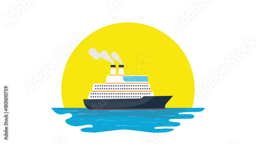 Cruise Ship Sailing at Sunset Illustration on Blue Ocean