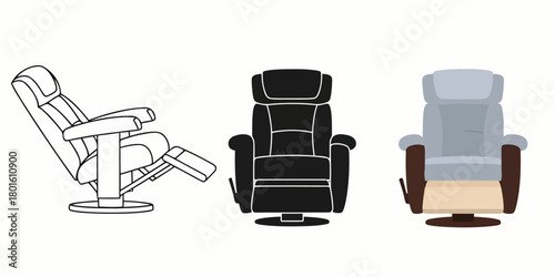 Modern Salon Chair Vector Set in Three Styles — Line Art, Silhouette and Color Version  with Adjustable Footrest and Sleek Form Ideal for Minimalist Graphics