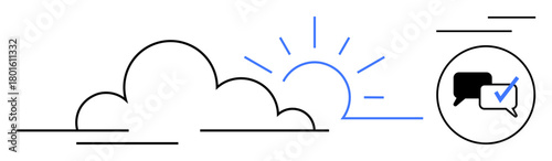 Cloud and rising sun evoke clarity, optimism, and new beginnings. Dialog bubble with checkmark emphasizes connection, goals, progress, and feedback. Ideal for communication, strategy growth cloud