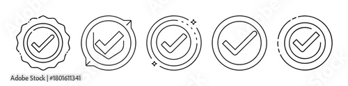 Five checkmark and approval vector line icons set design
