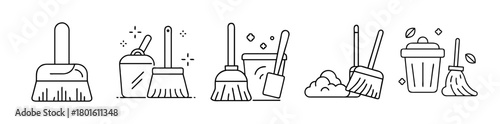 Set of vector line icons for various cleaning tools.