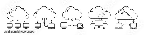 Five different cloud computing and network icons set
