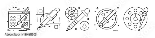 Graphic design color selection dropper line icons set.
