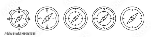Five navigational compass outline icons vector set