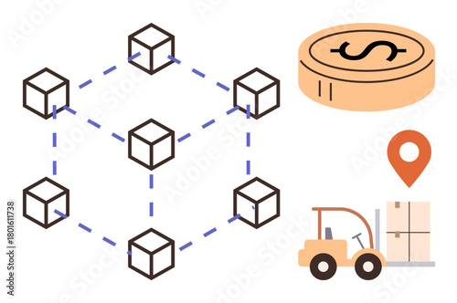 Connected cubes representing blockchain, coin for finance, forklift with goods, and location pin. Ideal for blockchain, supply chain, logistics, decentralization, business technology finance