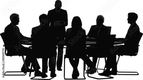 Silhouetted business team meeting around conference table, discussing strategy, leadership presentation, corporate collaboration, professional teamwork atmosphere in modern office setting