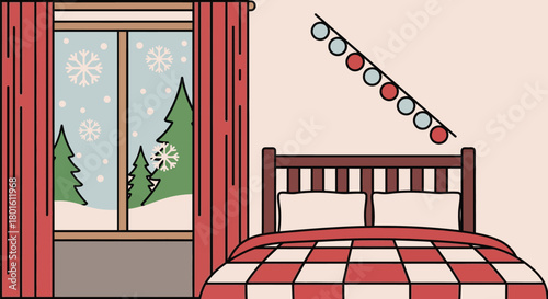 Winter bedroom scene with snow view christmas bedroom interior editable vector