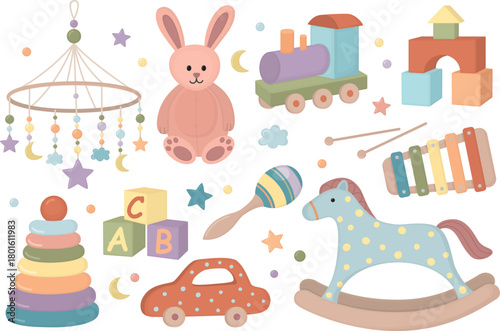 Colorful illustration with children’s toys. Stacking pyramid, rocking horse, pink bunny , baby mobile, building blocks, toy train, rattle, car and xylophone. 