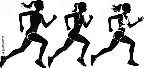 Female runner silhouettes in motion, athletic training sequence, dynamic running posture, fitness performance, sports activity, marathon preparation, outdoor exercise illustration