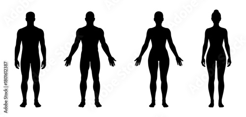 Man and woman body silhouette. Vector human figure outline. Male and female front view body shapes standing full height. Bare and naked slim healthy people.