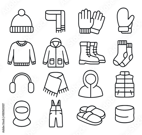Winter clothing icons collection: hats, scarves, gloves, jackets, boots, socks