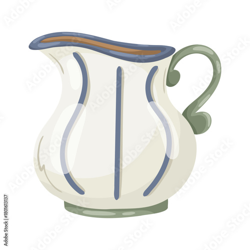 Rustic ceramic pitcher with vertical blue lines and curved handle. Hand-drawn vector illustration in a charming watercolor style, isolated for farmhouse decor, breakfast service, and kitchen accents.