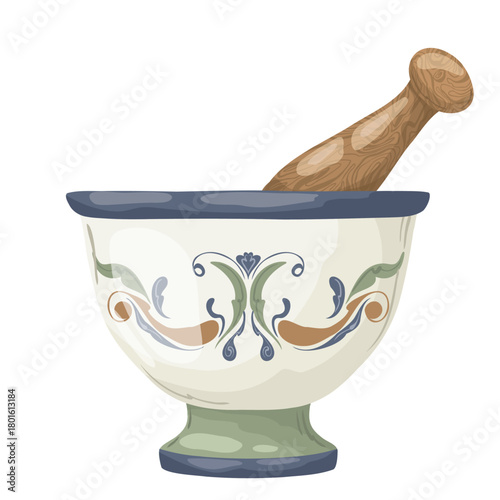 Ceramic mortar and wooden pestle with a vintage floral pattern. Hand-drawn vector illustration in a rustic watercolor style, isolated for spice preparation, herb grinding, and kitchen utensil design.