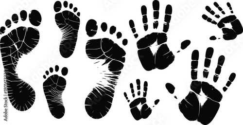 Black handprints and footprints silhouette set, isolated ink stamp shapes, baby hands, adult feet, grunge texture pattern for design elements